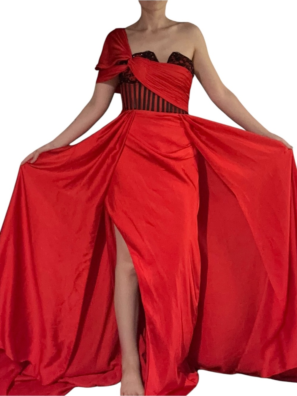 Red and Black Off The Shoulder Corset Bustier Draped Formal Maxi Gown
